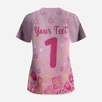 My First Hanukkah Personalized Scrub Top Menorah Dreidels Star of David Pink