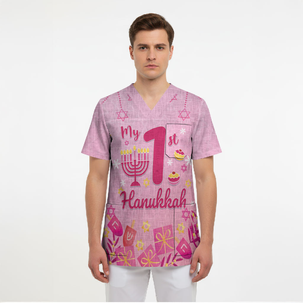 My First Hanukkah Personalized Scrub Top Menorah Dreidels Star of David Pink