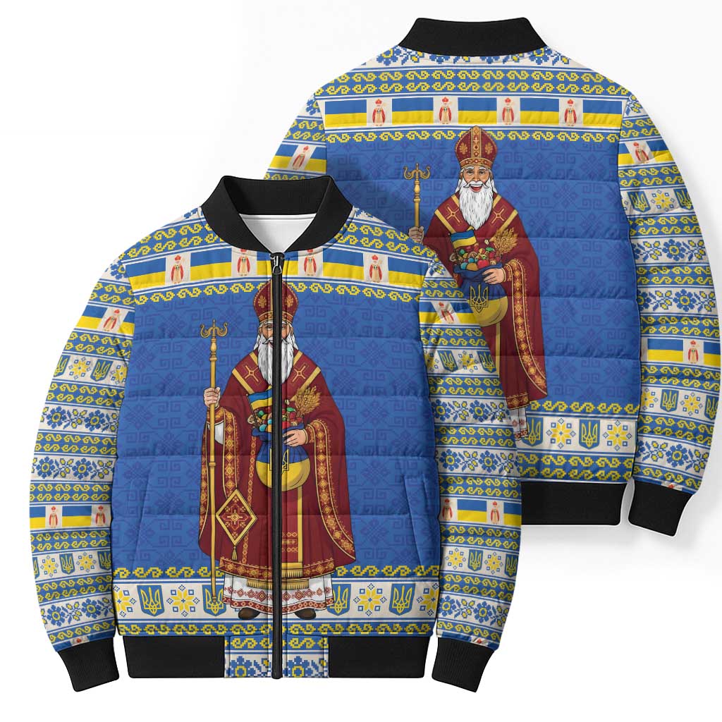 Ukraine Christmas Bomber Puffer Jacket Saint Nicholas Vyshyvanka Style - Wonder Print Shop