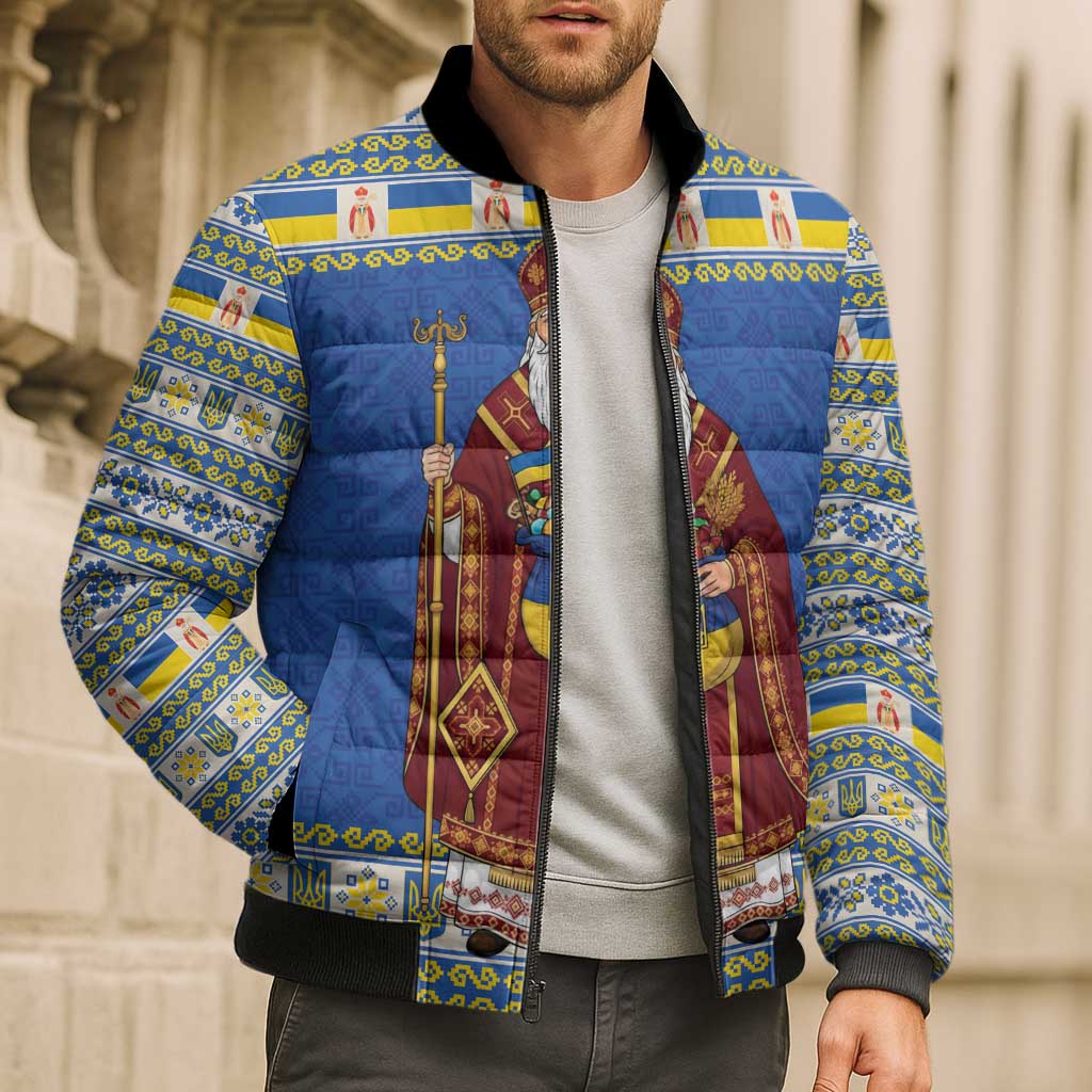Ukraine Christmas Bomber Puffer Jacket Saint Nicholas Vyshyvanka Style - Wonder Print Shop