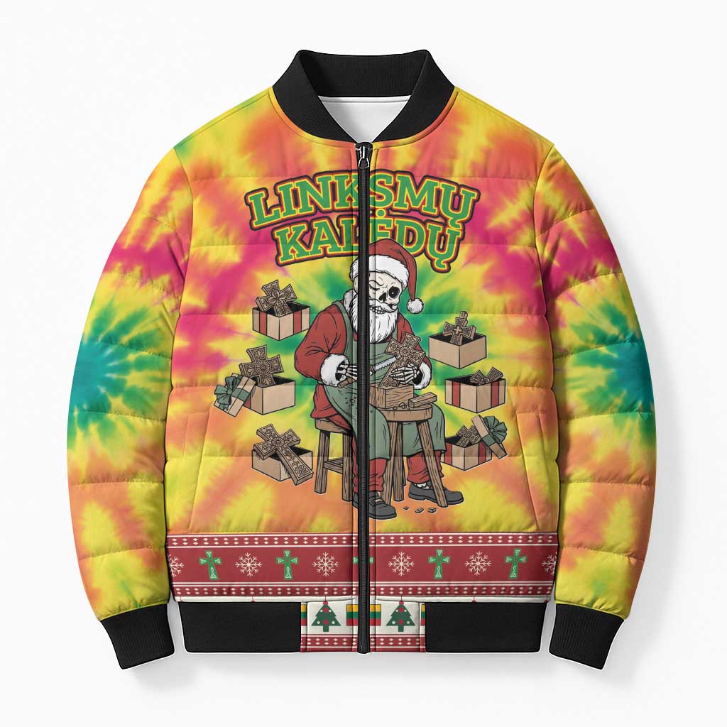 Personalized Lithuania Christmas Bomber Puffer Jacket Skeleton Cross Tie-Dye Vintage - Wonder Print Shop
