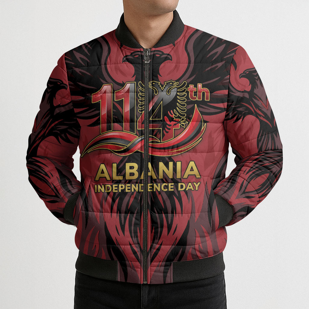 Personalized Albania Independence Day Bomber Puffer Jacket Double Headed Eagle 114th Anniversary