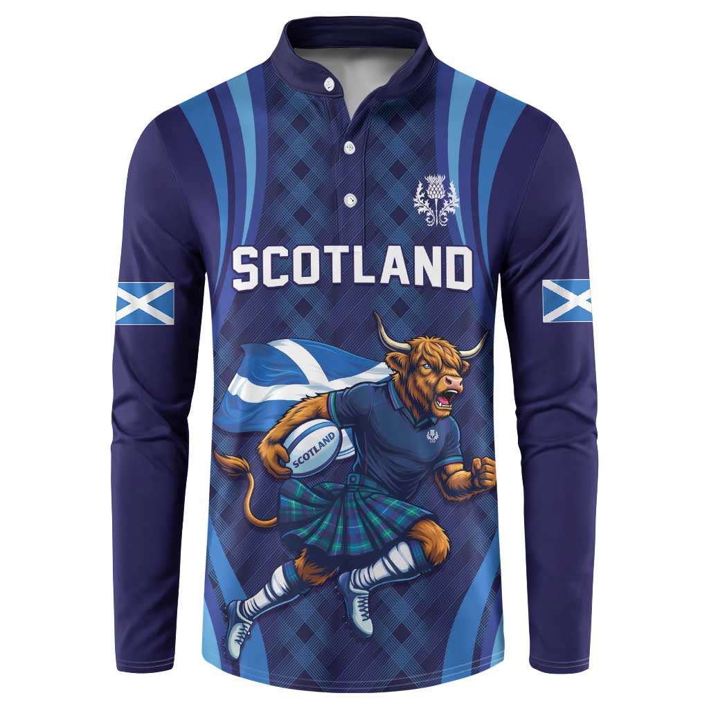 Custom Rugby Scotland Button Sweatshirt Highland Cow Mascot Go Scottish
