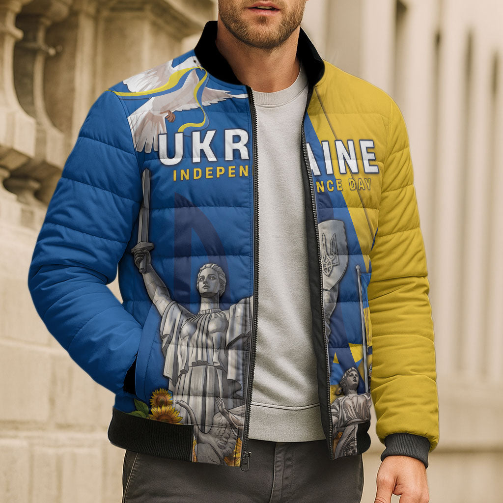 Personalized Ukraine Independence Day Bomber Puffer Jacket Tryzub Heritage Freedom Pride