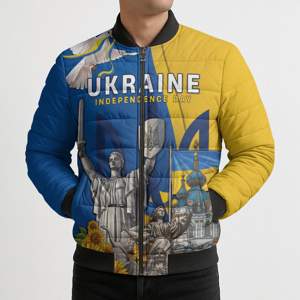 Personalized Ukraine Independence Day Bomber Puffer Jacket Tryzub Heritage Freedom Pride