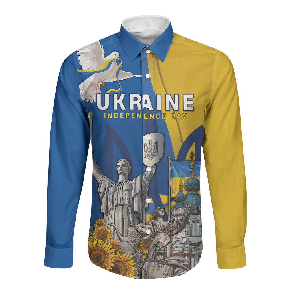 Personalized Ukraine Independence Day Long Sleeve Button Shirt Tryzub Heritage Freedom Pride