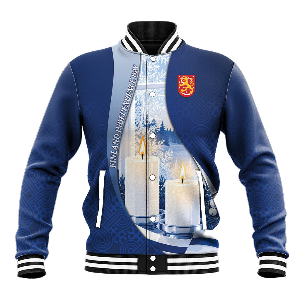 Personalized Finland Independence Day Baseball Jacket Blue-White Candles Snowy Forest