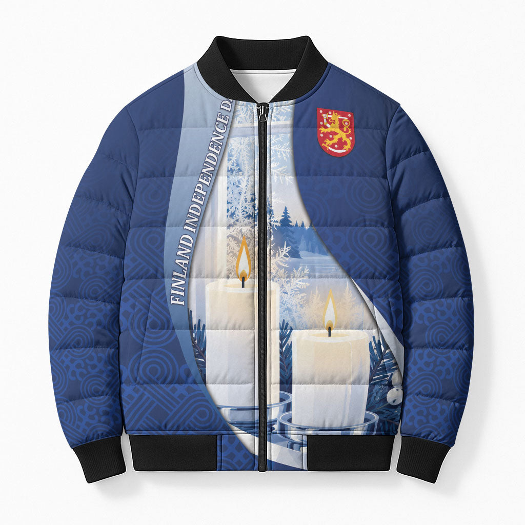 Personalized Finland Independence Day Bomber Puffer Jacket Blue-White Candles Snowy Forest