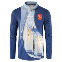 Personalized Finland Independence Day Button Sweatshirt Blue-White Candles Snowy Forest