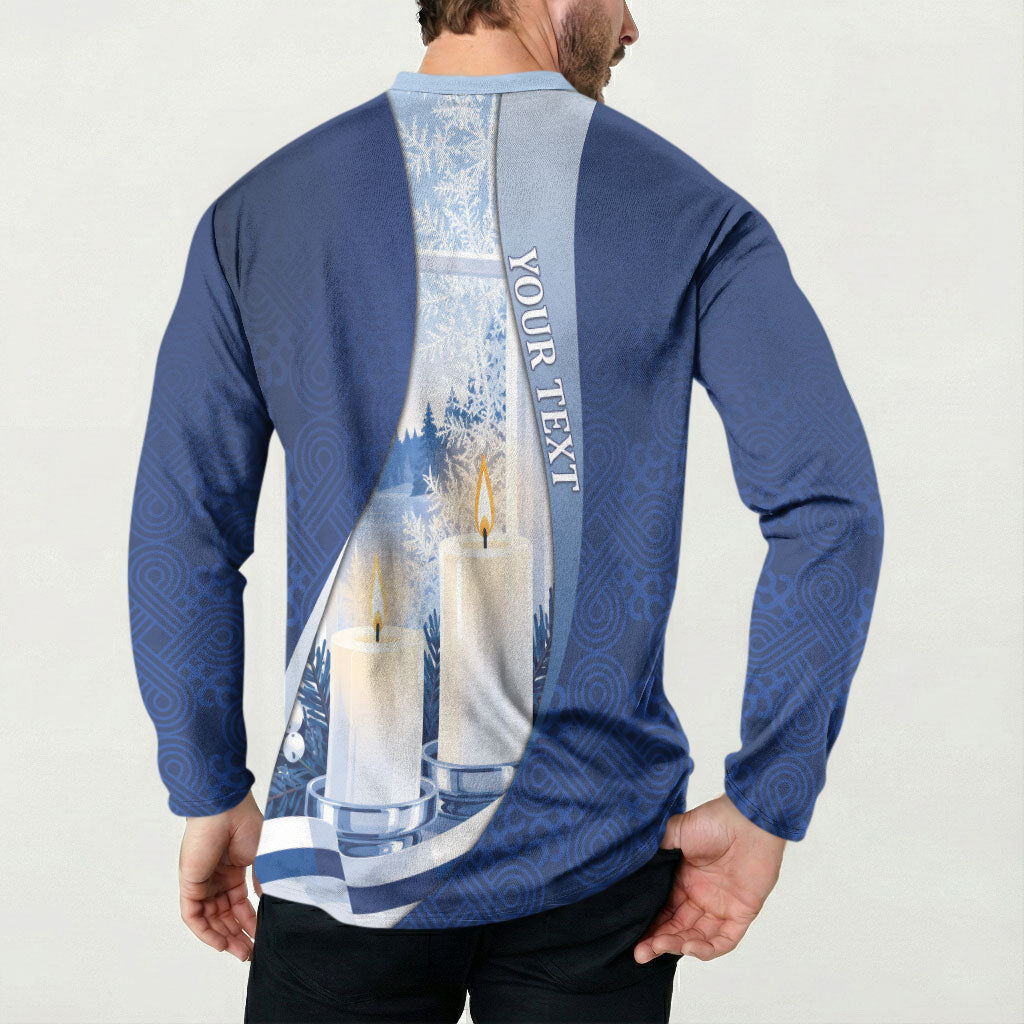 Personalized Finland Independence Day Button Sweatshirt Blue-White Candles Snowy Forest