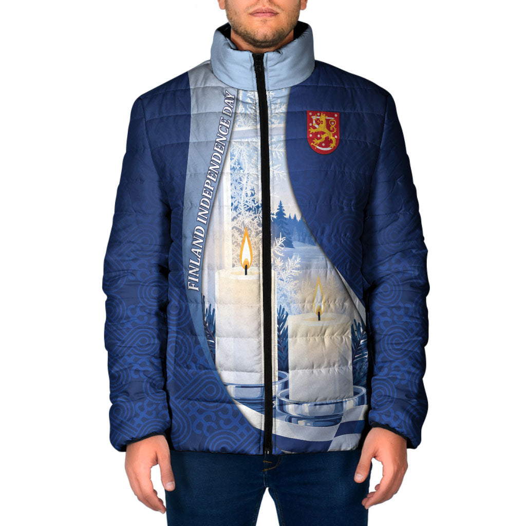 Personalized Finland Independence Day Padded Jacket Blue-White Candles Snowy Forest