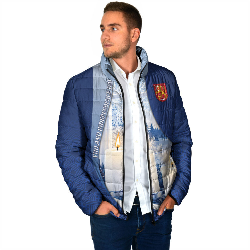 Personalized Finland Independence Day Padded Jacket Blue-White Candles Snowy Forest