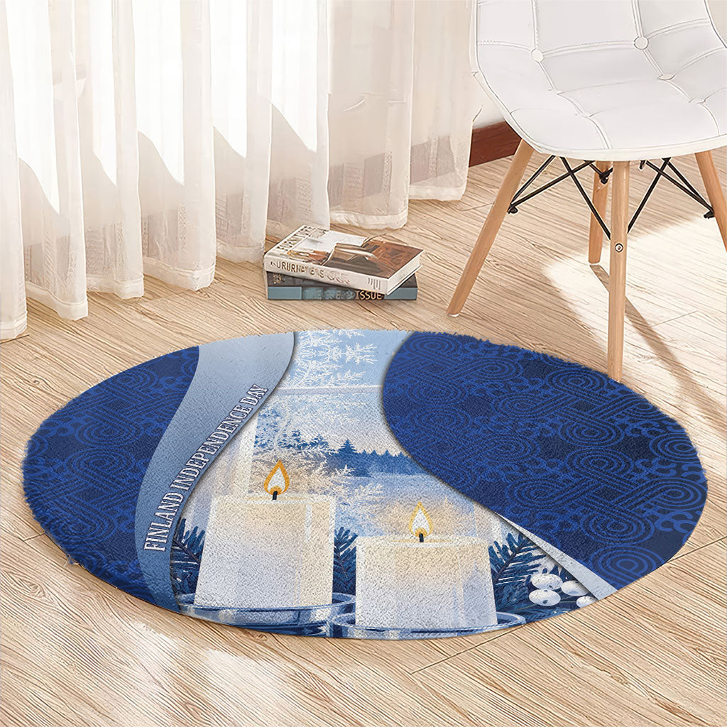 Finland Independence Day Round Carpet Blue-White Candles Snowy Forest