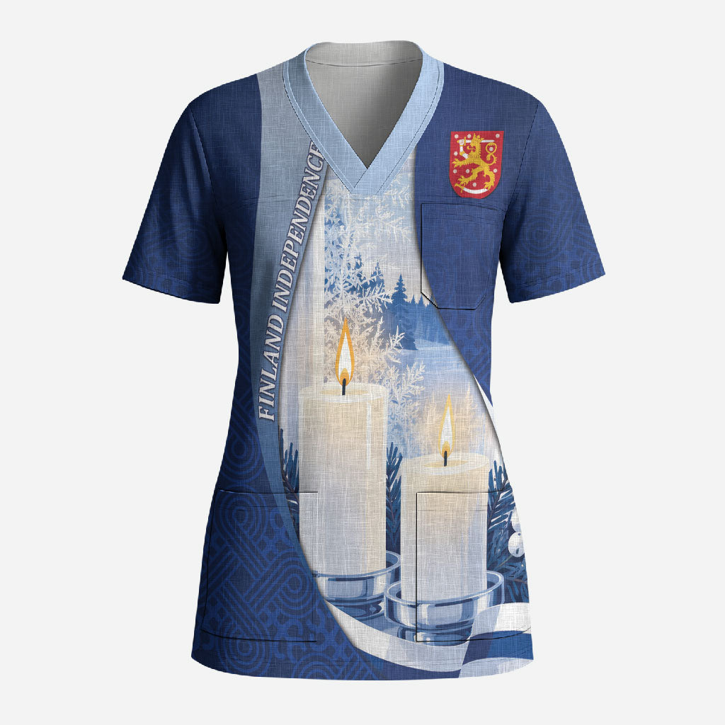 Personalized Finland Independence Day Scrub Top Blue-White Candles Snowy Forest