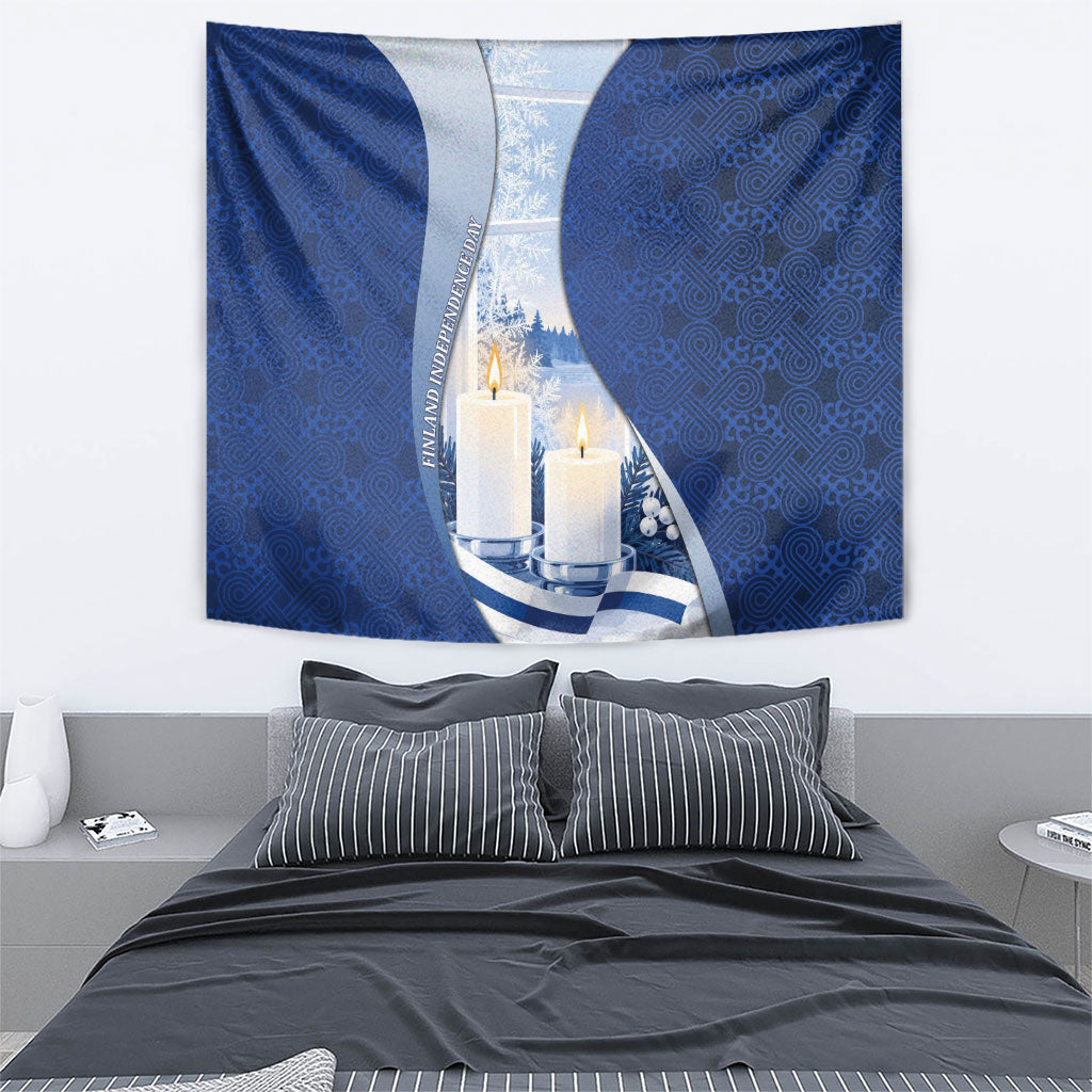 Finland Independence Day Tapestry Blue-White Candles Snowy Forest