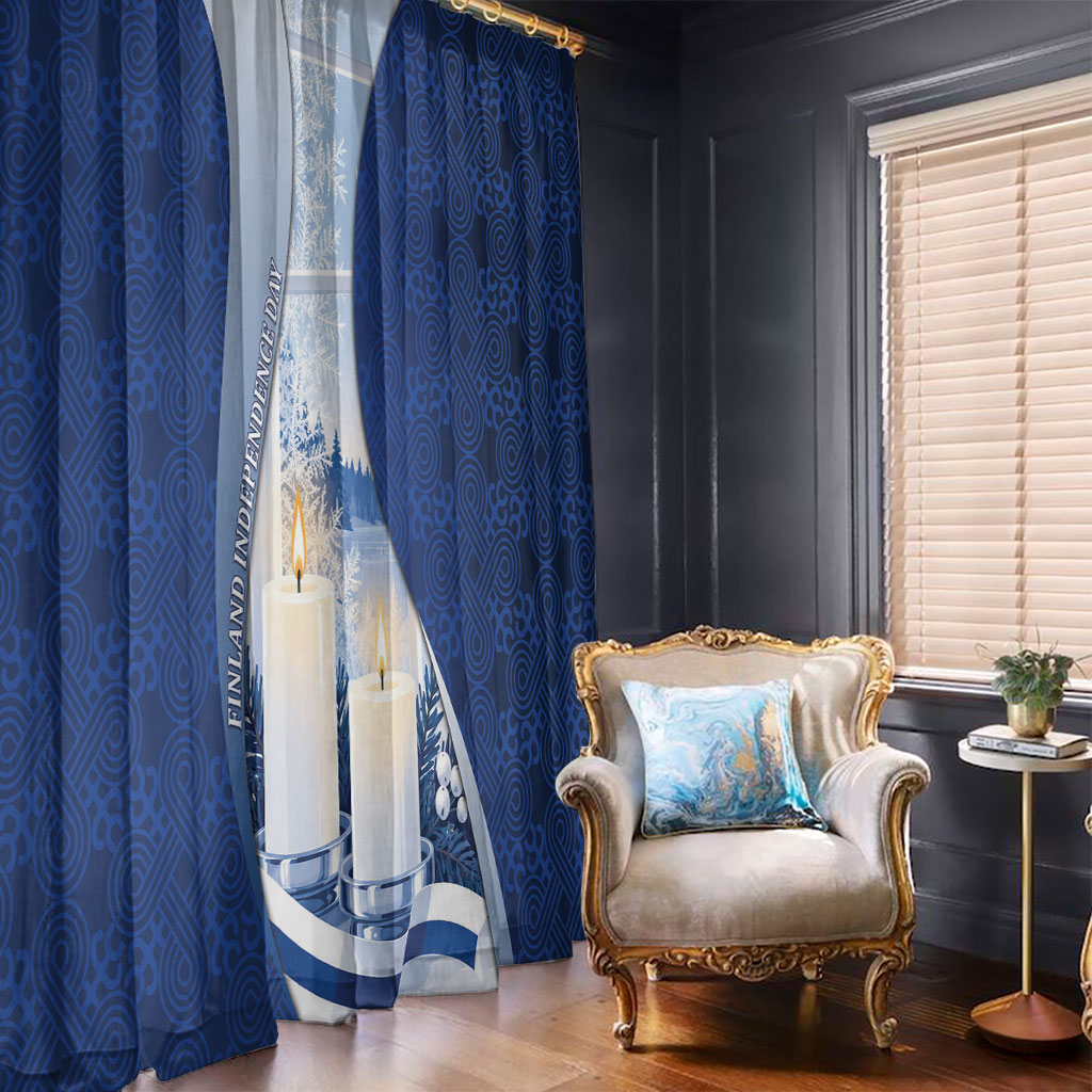 Finland Independence Day Window Curtain Blue-White Candles Snowy Forest