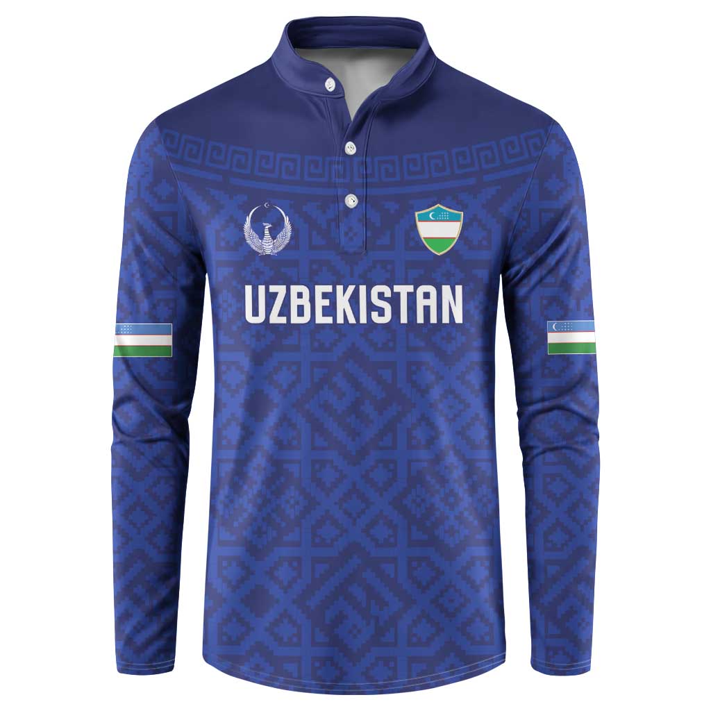 Custom World Football 2026 Uzbekistan Button Sweatshirt Samarkand Blue Heritage Pattern - Wonder Print Shop