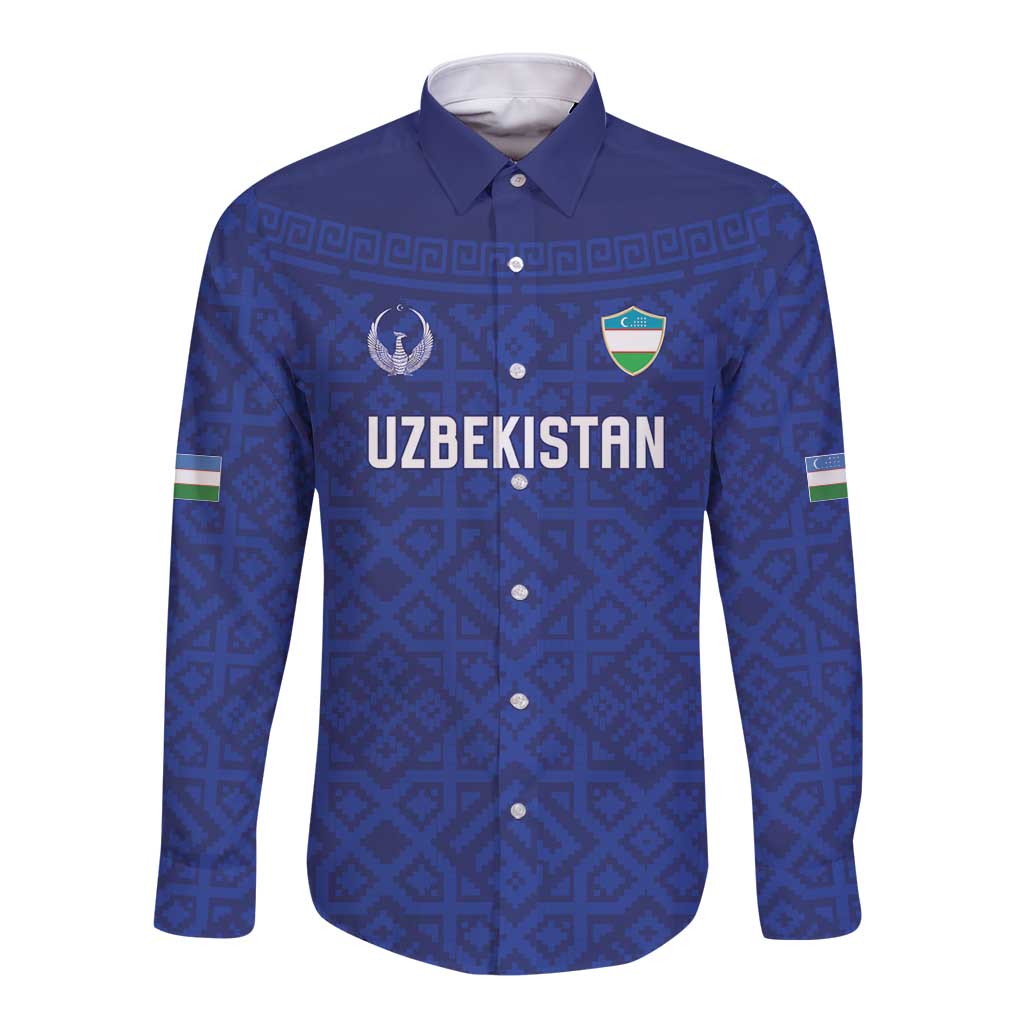 Custom World Football 2026 Uzbekistan Long Sleeve Button Shirt Samarkand Blue Heritage Pattern - Wonder Print Shop