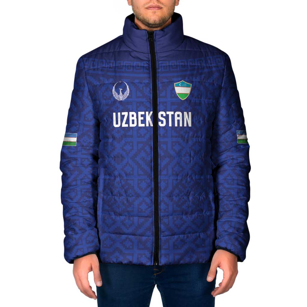 Custom World Football 2026 Uzbekistan Padded Jacket Samarkand Blue Heritage Pattern - Wonder Print Shop