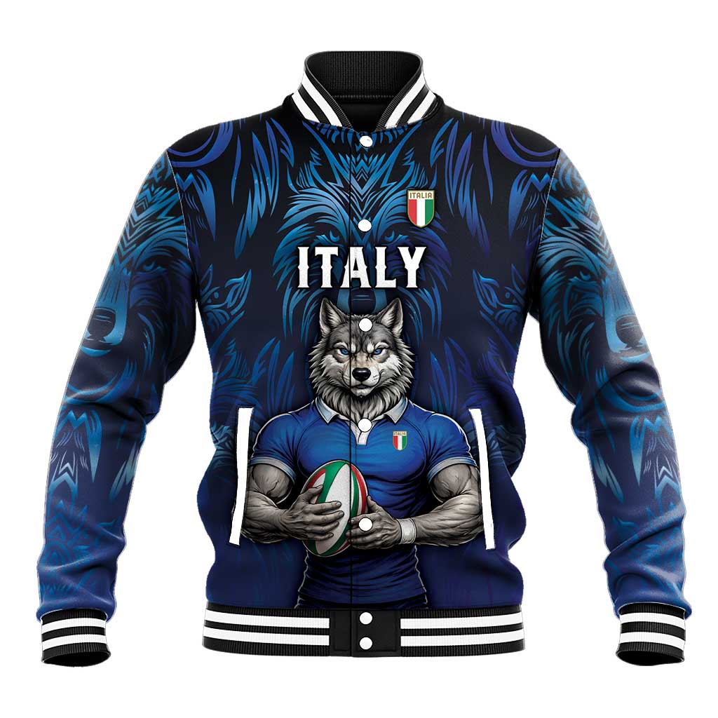 Custom Rugby Italy Baseball Jacket Azzurri Wolf Mascot Design