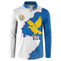 Colorblock button sweatshirt, white body and blue sleeves with yellow eagle map graphic