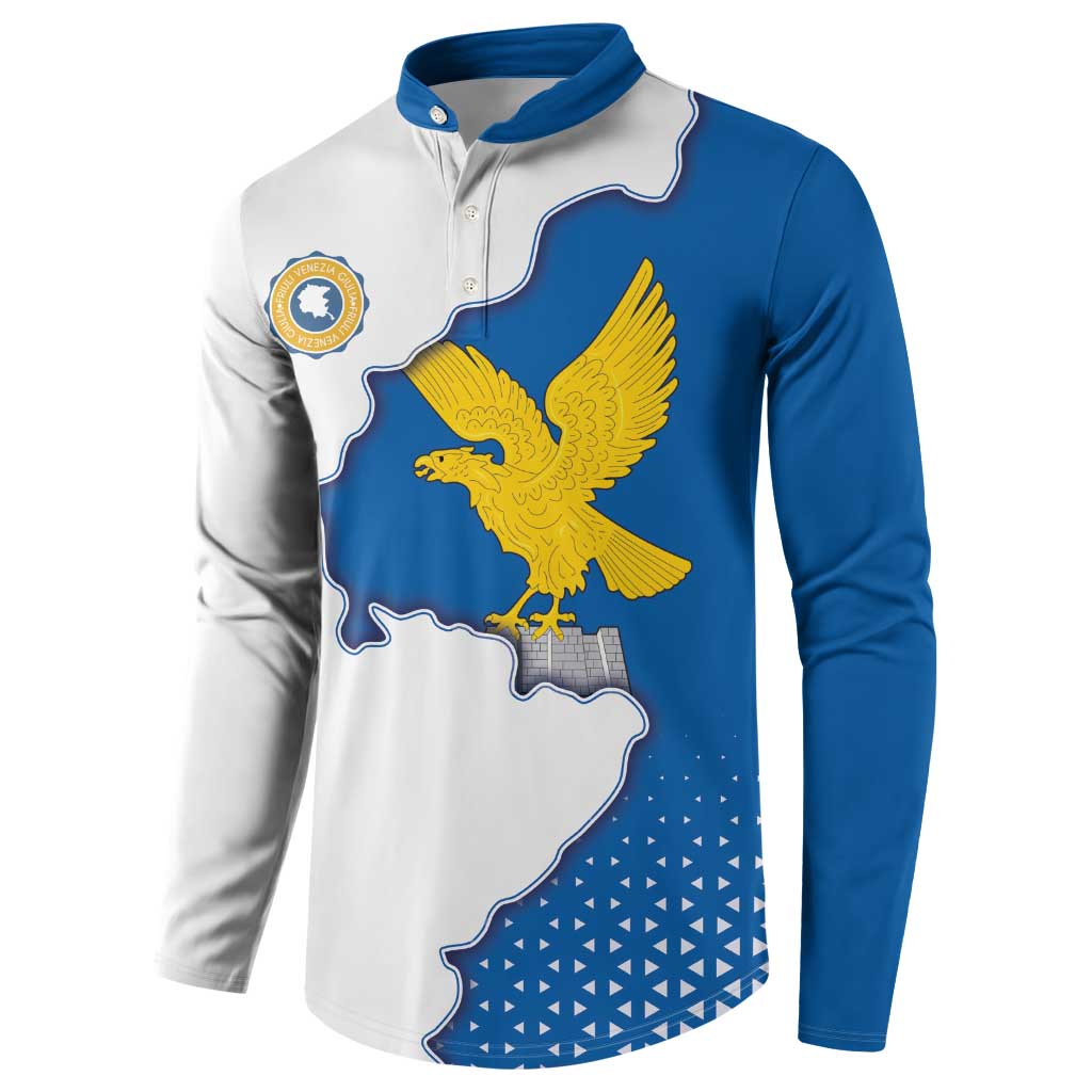 Button-front sweatshirt in white and blue with yellow eagle and map emblem print