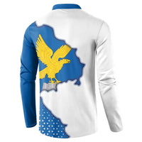 Back view button sweatshirt with white shoulders, blue sleeves, and eagle map graphic