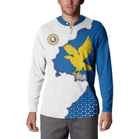 Mens button sweatshirt with white and blue colorblock design and yellow eagle map print