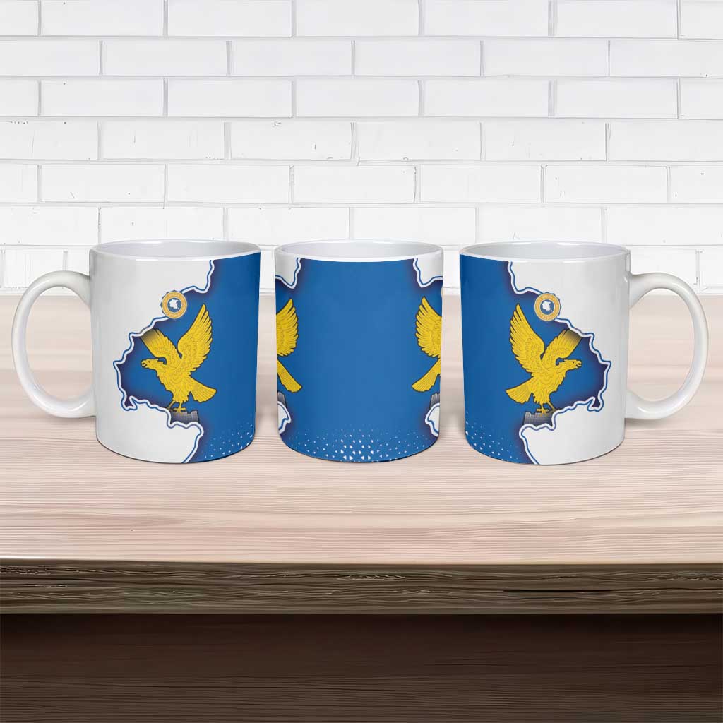 Set of three ceramic mugs with blue flag panels and yellow eagle designs