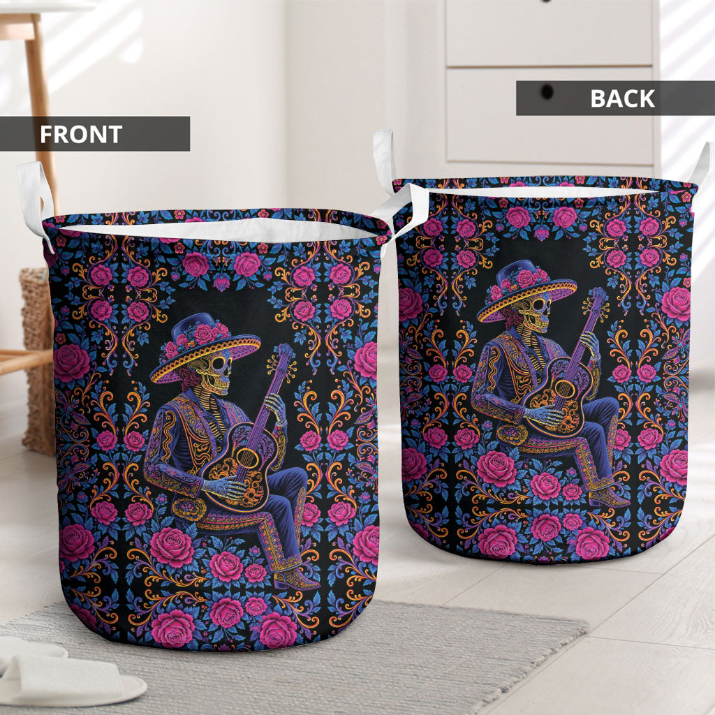 Mexico Dia de los Muertos Laundry Basket Catrina Skeleton Playing Guitar
