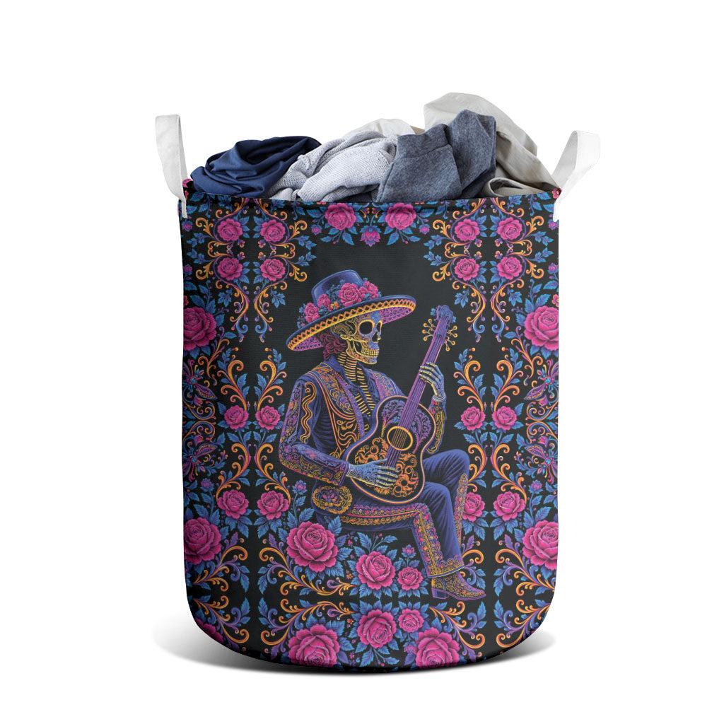 Mexico Dia de los Muertos Laundry Basket Catrina Skeleton Playing Guitar
