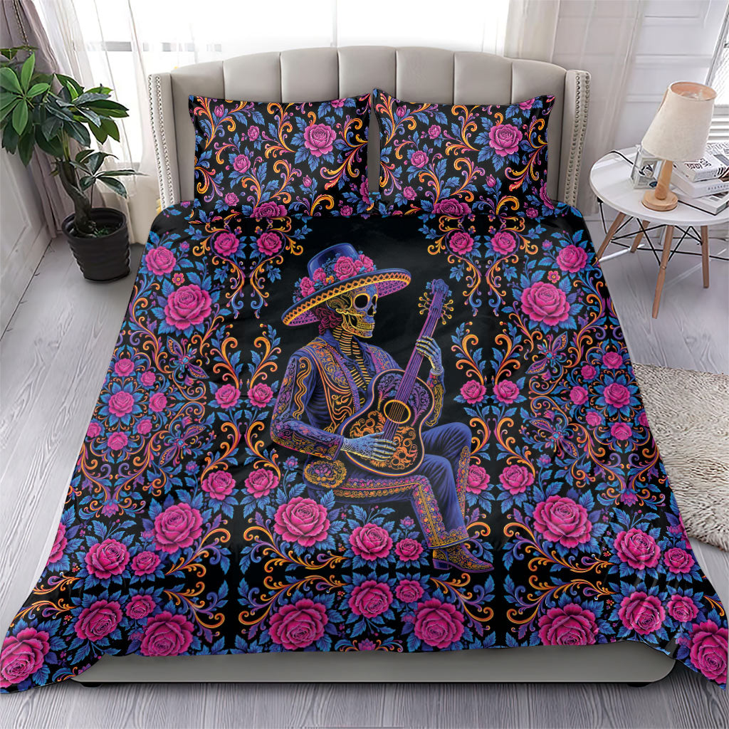 Mexico Dia de los Muertos Bedding Set Catrina Skeleton Playing Guitar