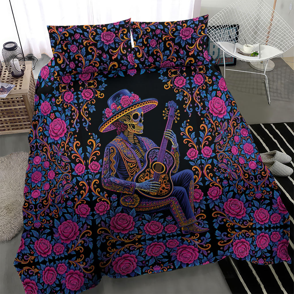 Mexico Dia de los Muertos Bedding Set Catrina Skeleton Playing Guitar