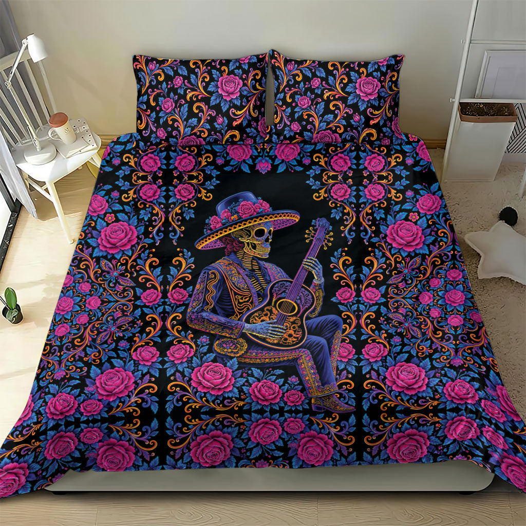 Mexico Dia de los Muertos Bedding Set Catrina Skeleton Playing Guitar