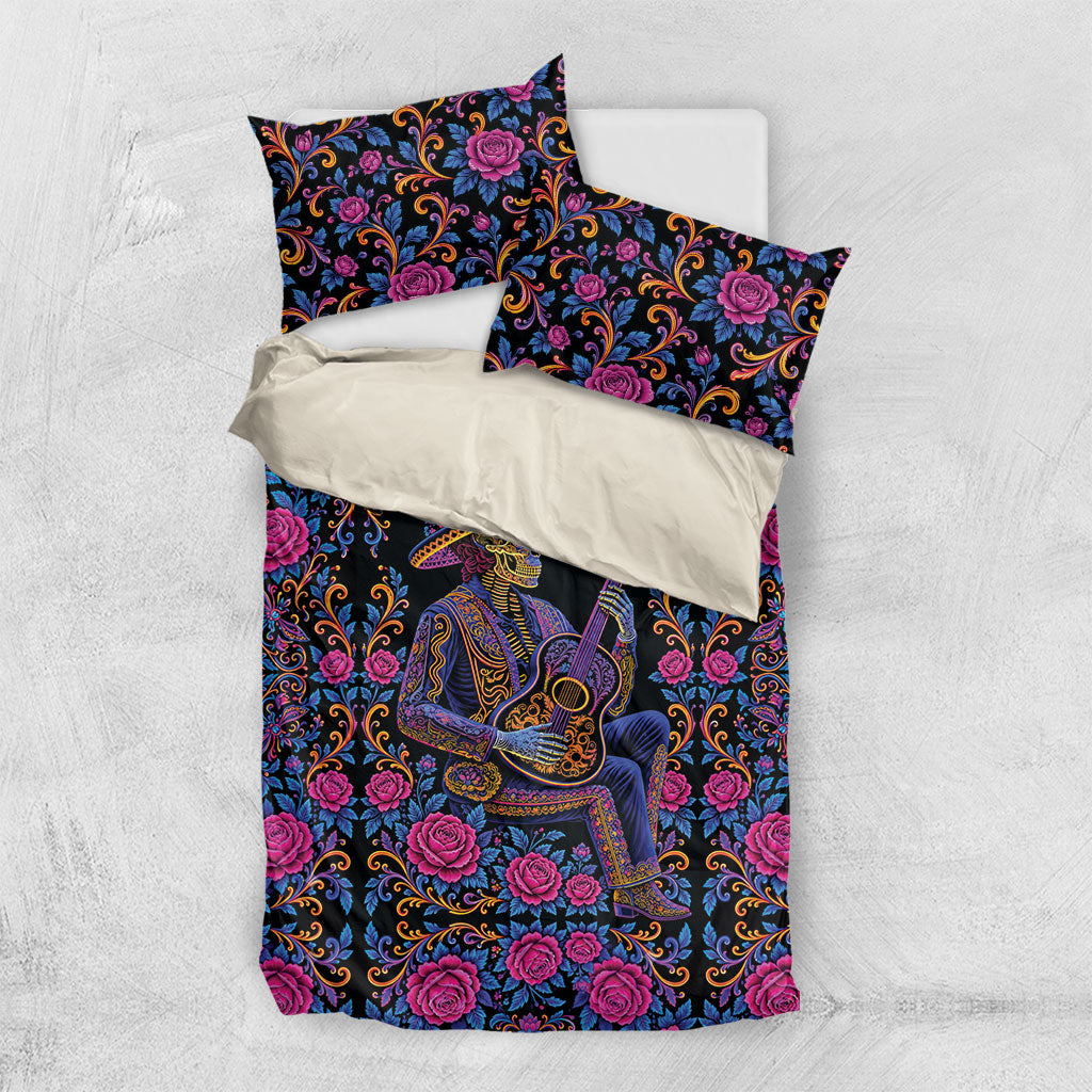 Mexico Dia de los Muertos Bedding Set Catrina Skeleton Playing Guitar