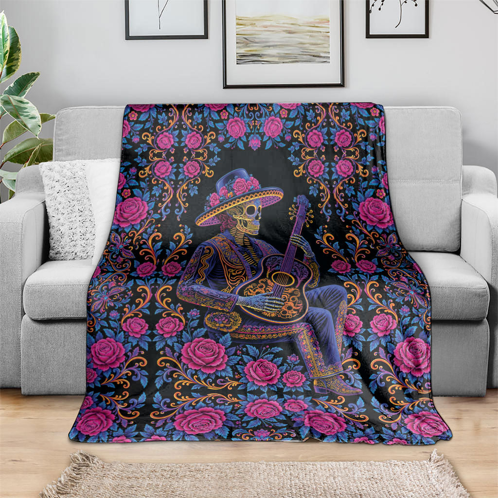 Mexico Dia de los Muertos Blanket Catrina Skeleton Playing Guitar