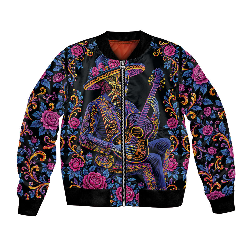 Mexico Dia de los Muertos Bomber Jacket Catrina Skeleton Playing Guitar