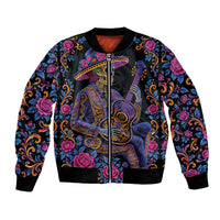 Mexico Dia de los Muertos Bomber Jacket Catrina Skeleton Playing Guitar