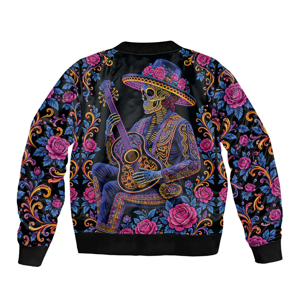 Mexico Dia de los Muertos Bomber Jacket Catrina Skeleton Playing Guitar