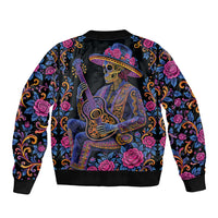 Mexico Dia de los Muertos Bomber Jacket Catrina Skeleton Playing Guitar