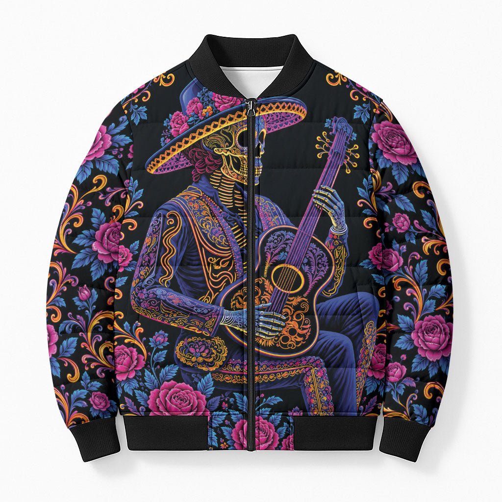 Mexico Dia de los Muertos Bomber Puffer Jacket Catrina Skeleton Playing Guitar