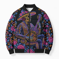 Mexico Dia de los Muertos Bomber Puffer Jacket Catrina Skeleton Playing Guitar