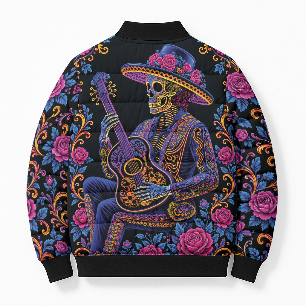 Mexico Dia de los Muertos Bomber Puffer Jacket Catrina Skeleton Playing Guitar