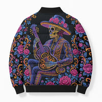 Mexico Dia de los Muertos Bomber Puffer Jacket Catrina Skeleton Playing Guitar