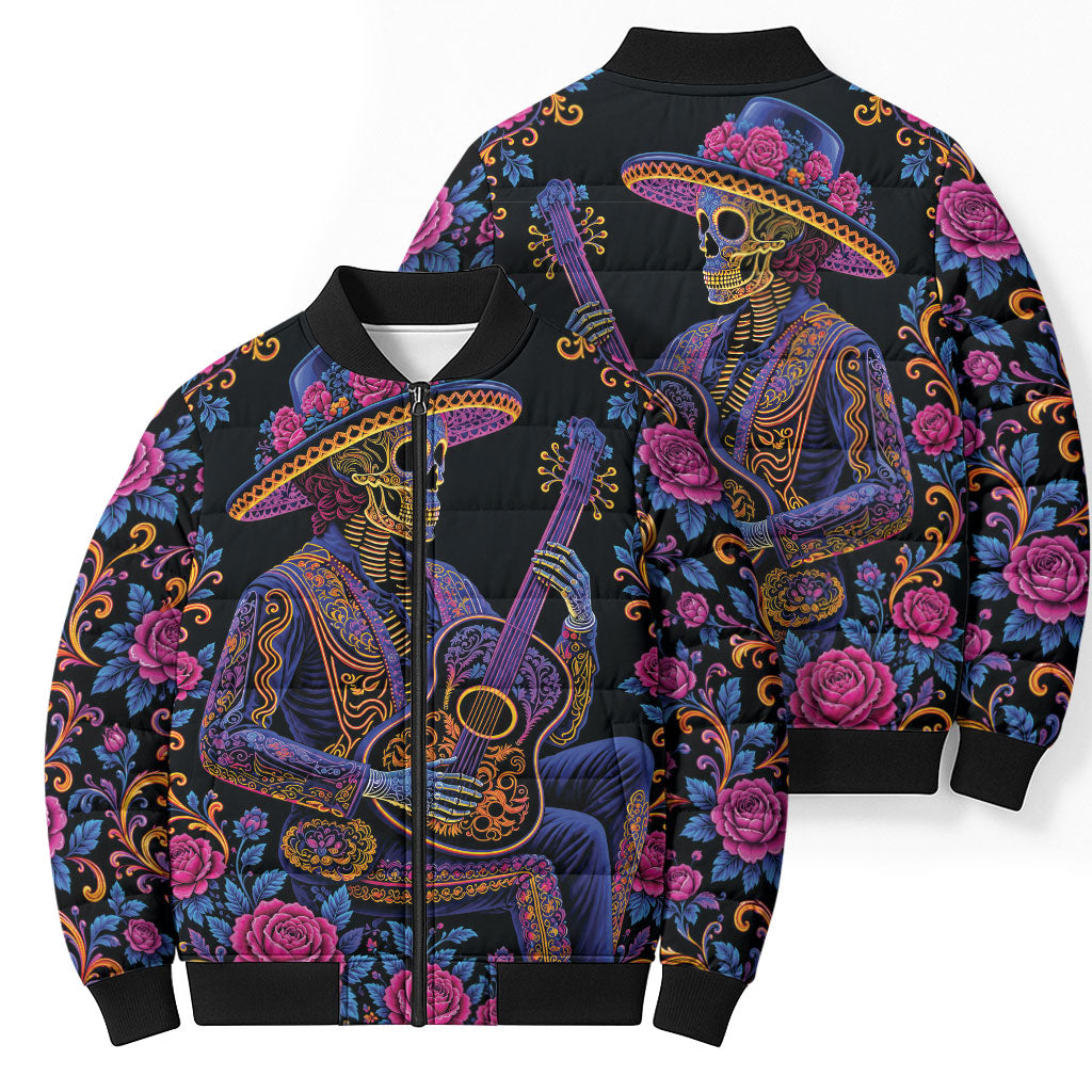 Mexico Dia de los Muertos Bomber Puffer Jacket Catrina Skeleton Playing Guitar