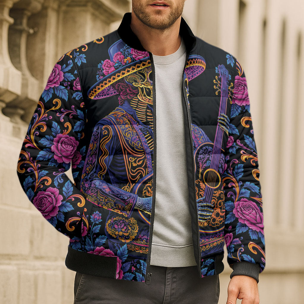 Mexico Dia de los Muertos Bomber Puffer Jacket Catrina Skeleton Playing Guitar