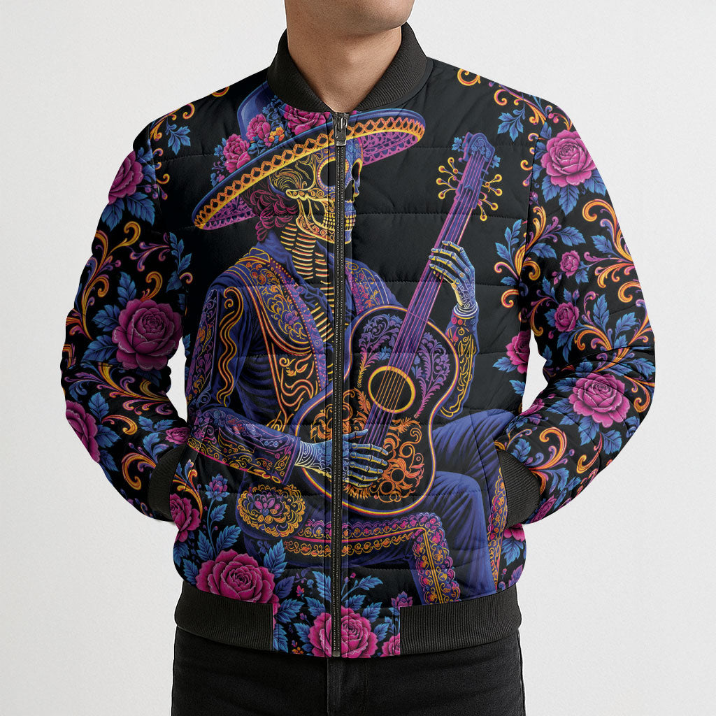 Mexico Dia de los Muertos Bomber Puffer Jacket Catrina Skeleton Playing Guitar