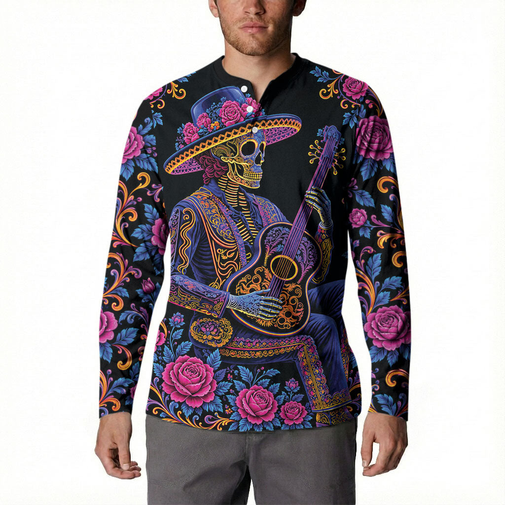Mexico Dia de los Muertos Button Sweatshirt Catrina Skeleton Playing Guitar