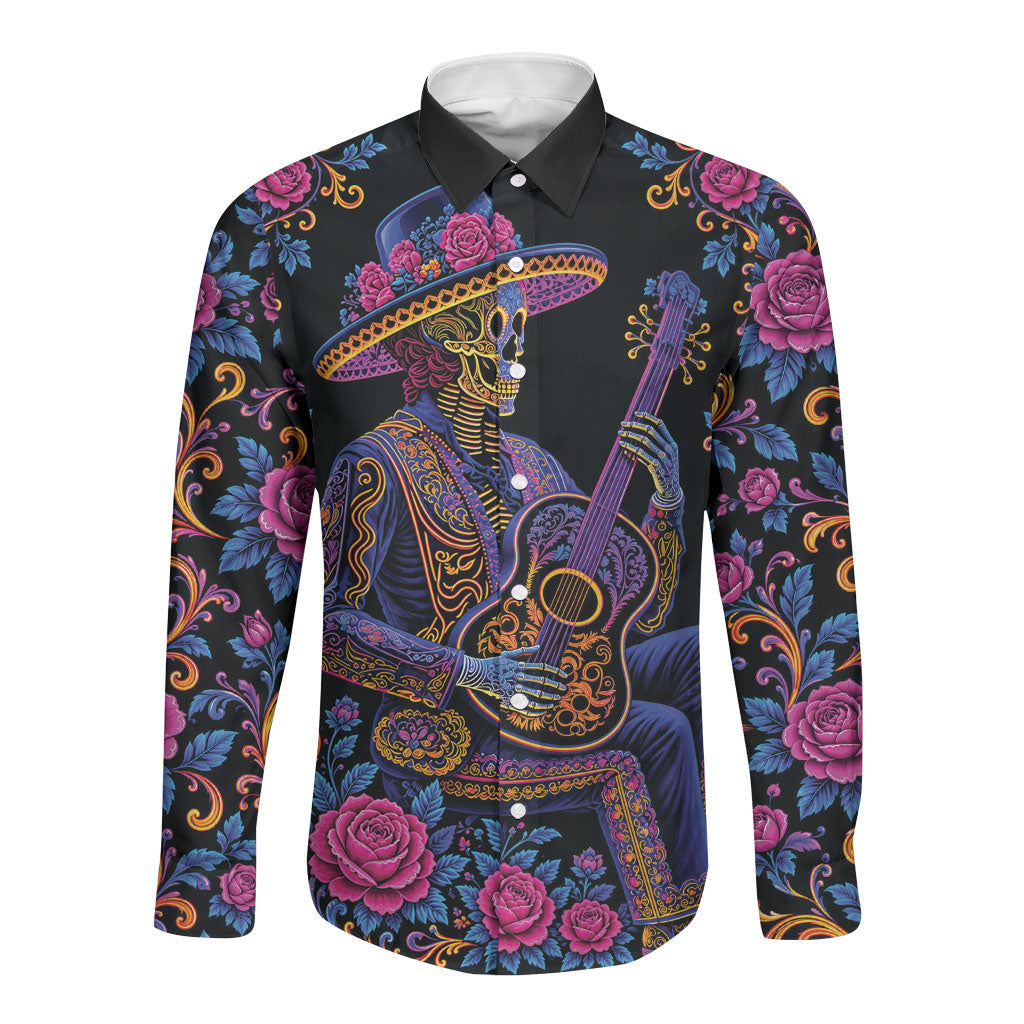 Mexico Dia de los Muertos Long Sleeve Button Shirt Catrina Skeleton Playing Guitar