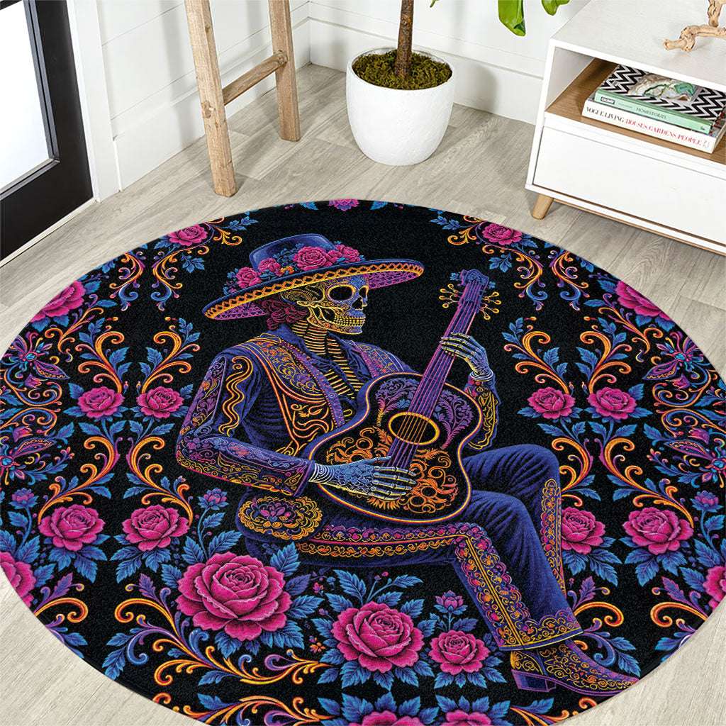 Mexico Dia de los Muertos Round Carpet Catrina Skeleton Playing Guitar